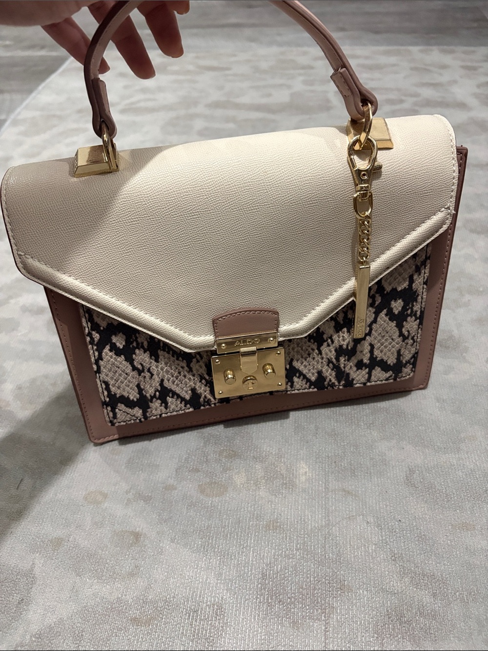 ALDO Cream and Pink Top-Handle Satchel with Snakeprint Panel